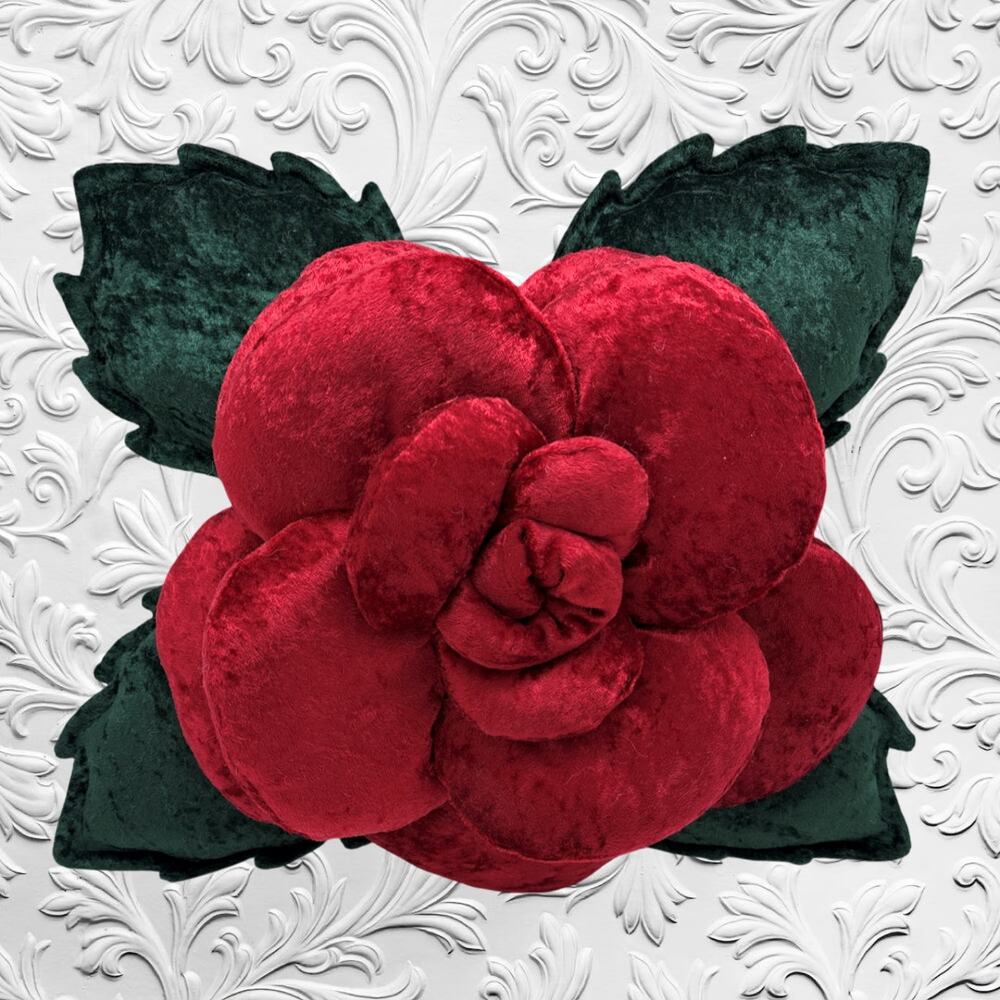 2000s HANDMADE Dark Red & Forest Green Crushed Velour 3-Dimensional Rose Pillow